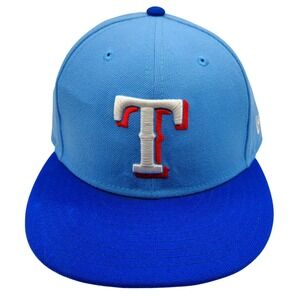 New Era 59FIFTY Texas Rangers MLB Fitted Hat 7 1/8 Light Blue Royal Blue T Logo